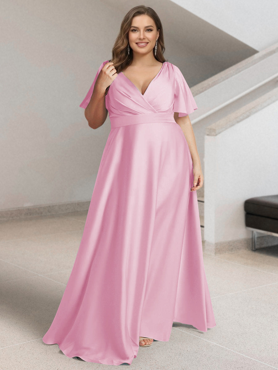 A-Line/Princess V-Neck Short Sleeves Silk Satin Plus Size Bridesmaid Dresses with Pockets Pink