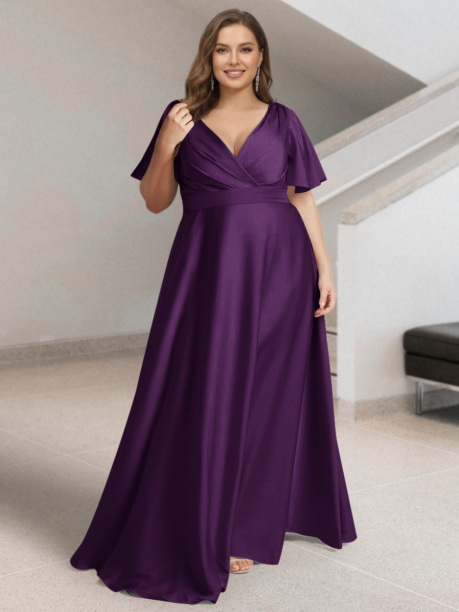A-Line/Princess V-Neck Short Sleeves Silk Satin Plus Size Bridesmaid Dresses with Pockets Plum