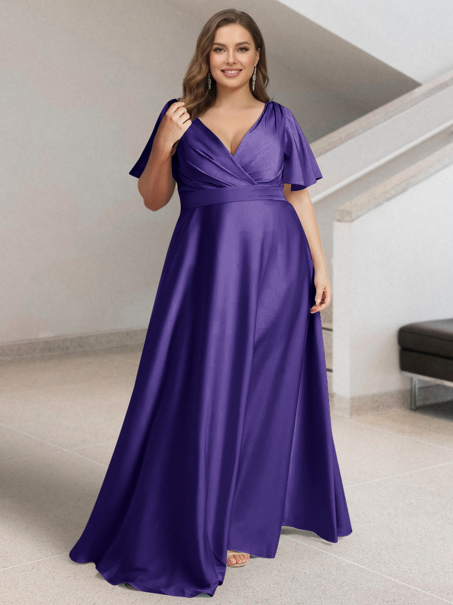 A-Line/Princess V-Neck Short Sleeves Silk Satin Plus Size Bridesmaid Dresses with Pockets Purple