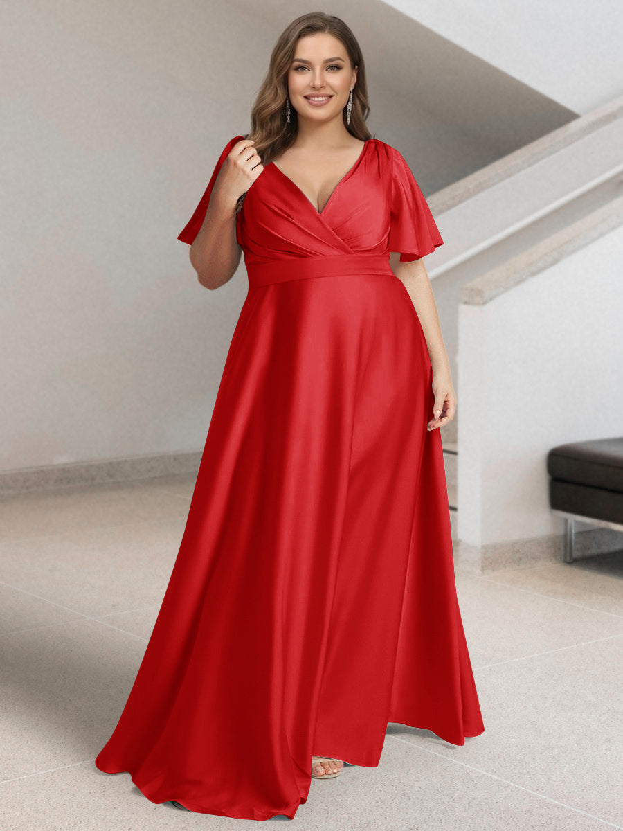 A-Line/Princess V-Neck Short Sleeves Silk Satin Plus Size Bridesmaid Dresses with Pockets Red