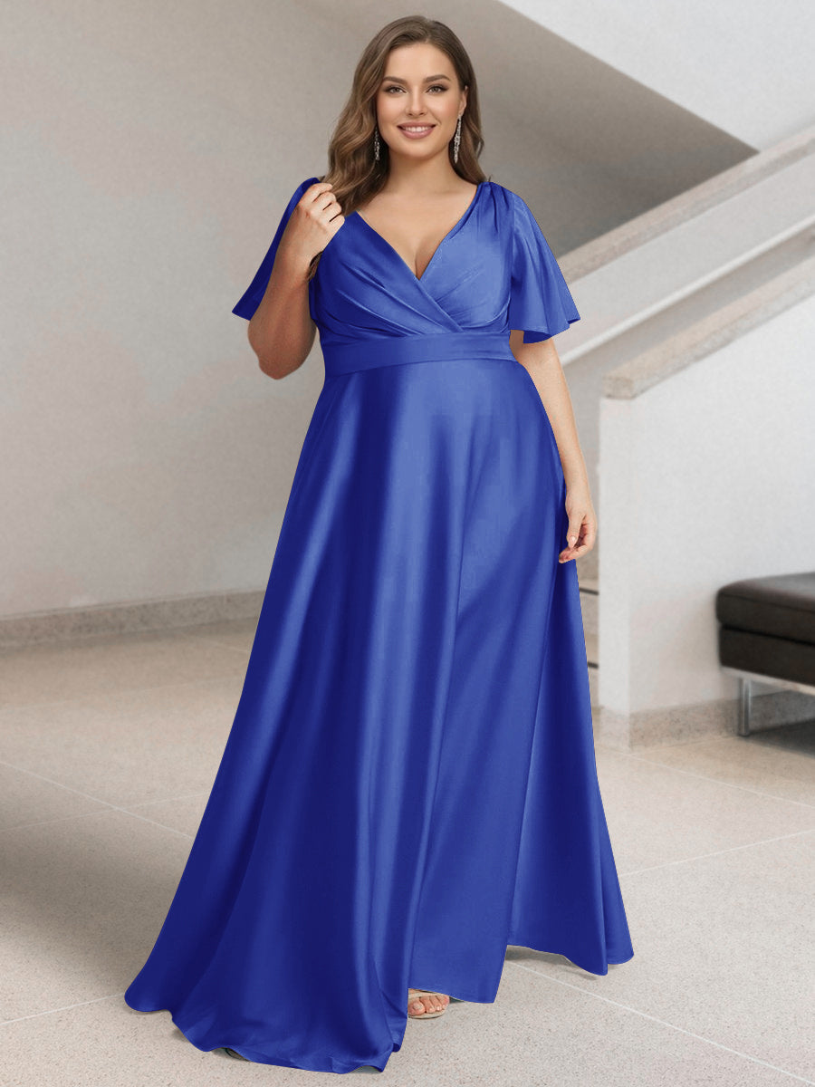 A-Line/Princess V-Neck Short Sleeves Silk Satin Plus Size Bridesmaid Dresses with Pockets Royal Blue