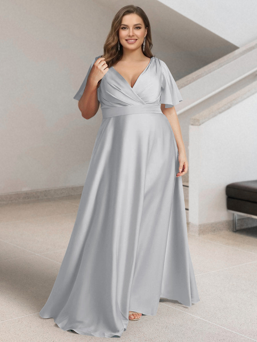 A-Line/Princess V-Neck Short Sleeves Silk Satin Plus Size Bridesmaid Dresses with Pockets Silver