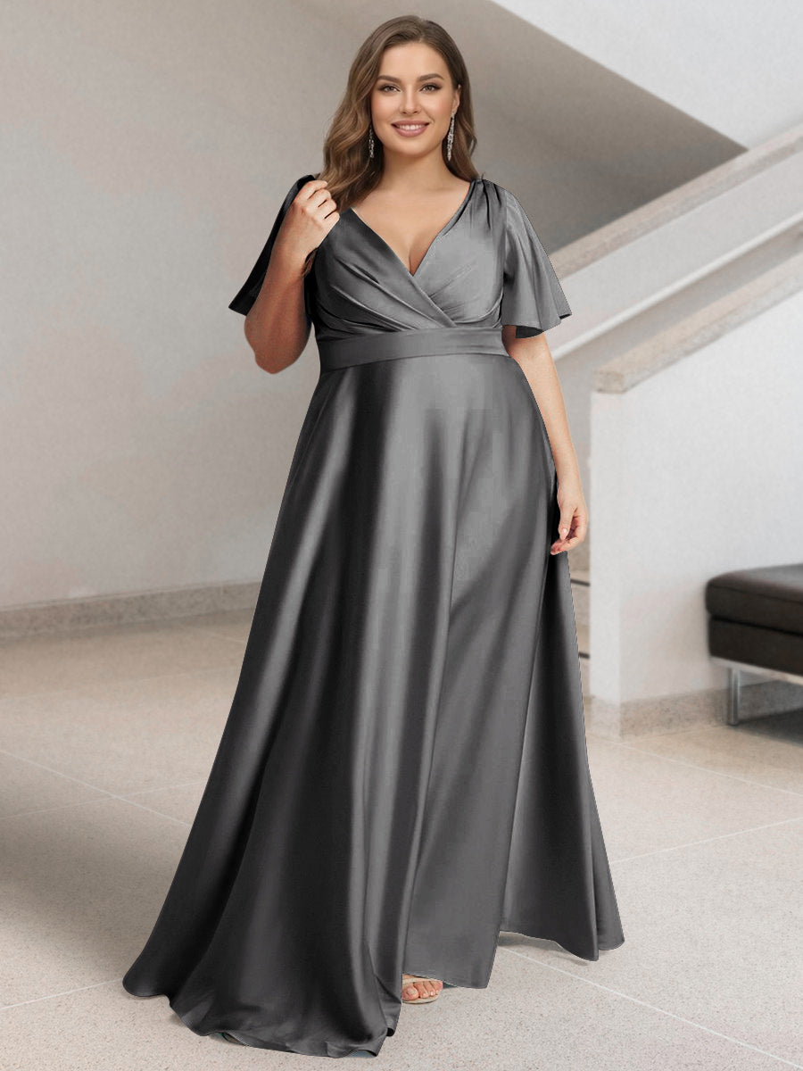 A-Line/Princess V-Neck Short Sleeves Silk Satin Plus Size Bridesmaid Dresses with Pockets Silver Gray