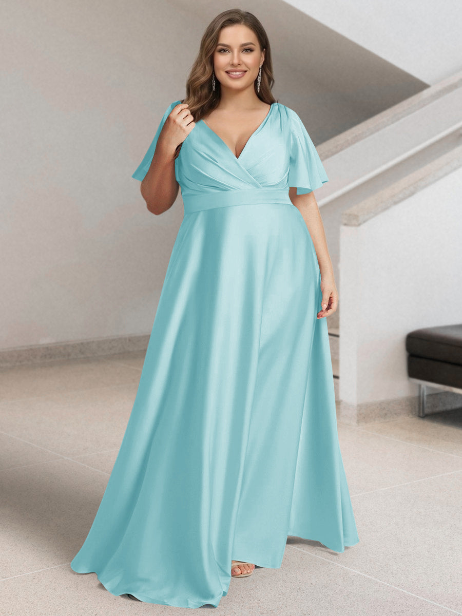 A-Line/Princess V-Neck Short Sleeves Silk Satin Plus Size Bridesmaid Dresses with Pockets Sky Blue