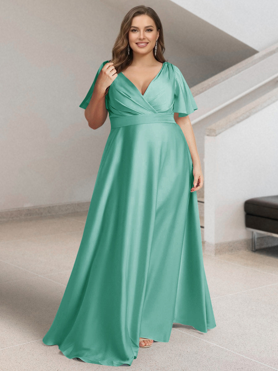 A-Line/Princess V-Neck Short Sleeves Silk Satin Plus Size Bridesmaid Dresses with Pockets Spa