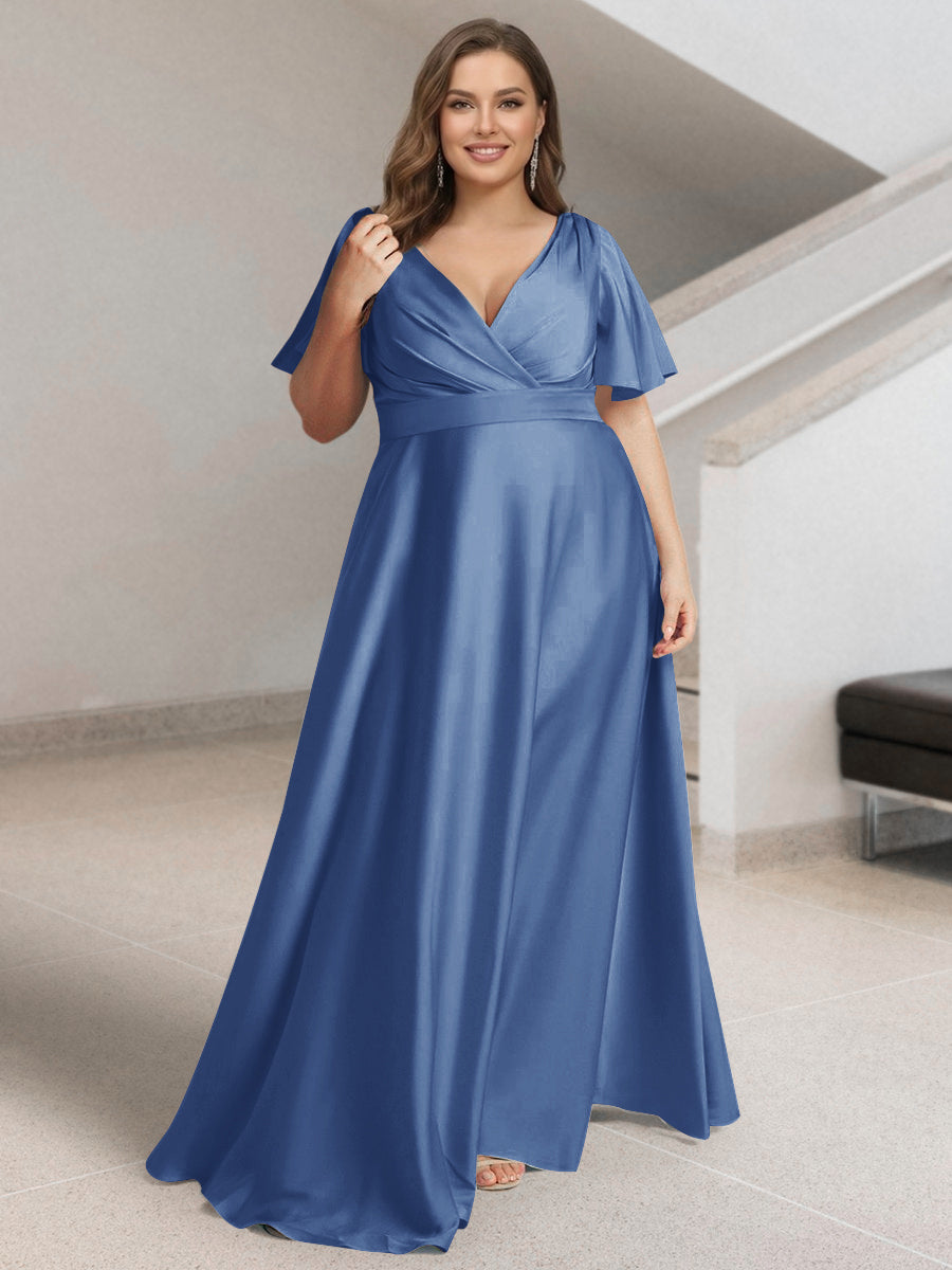 A-Line/Princess V-Neck Short Sleeves Silk Satin Plus Size Bridesmaid Dresses with Pockets Steel Blue