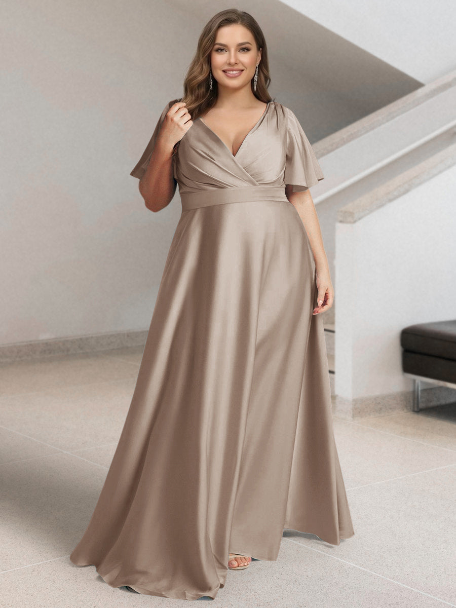 A-Line/Princess V-Neck Short Sleeves Silk Satin Plus Size Bridesmaid Dresses with Pockets Taupe