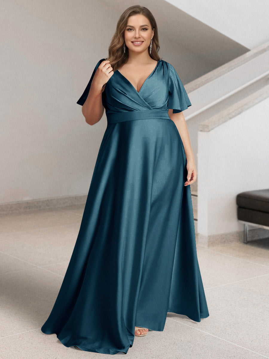 A-Line/Princess V-Neck Short Sleeves Silk Satin Plus Size Bridesmaid Dresses with Pockets Teal