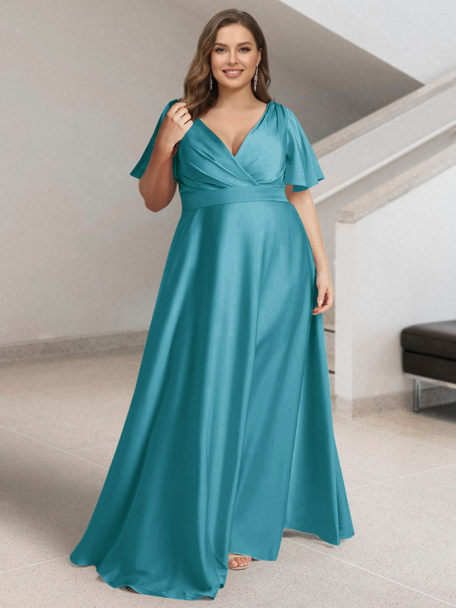 A-Line/Princess V-Neck Short Sleeves Silk Satin Plus Size Bridesmaid Dresses with Pockets Turquoise