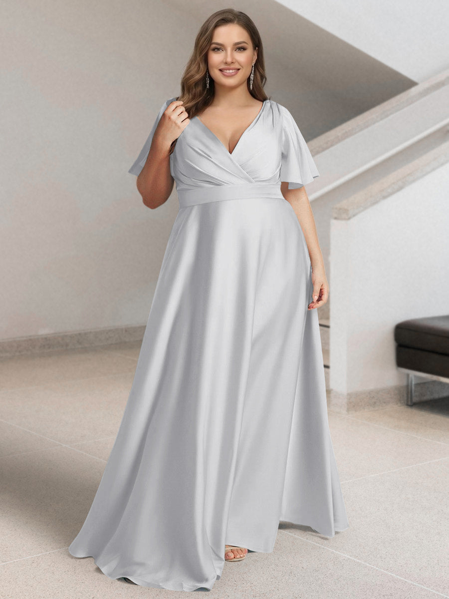A-Line/Princess V-Neck Short Sleeves Silk Satin Plus Size Bridesmaid Dresses with Pockets White