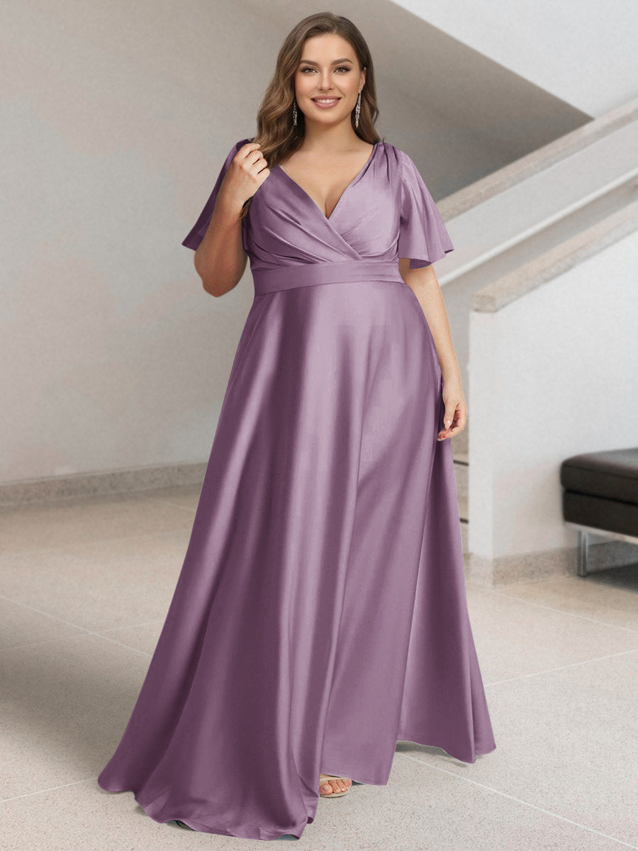 A-Line/Princess V-Neck Short Sleeves Silk Satin Plus Size Bridesmaid Dresses with Pockets Wisteria