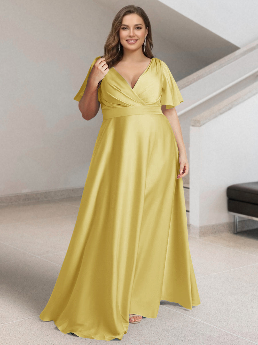 A-Line/Princess V-Neck Short Sleeves Silk Satin Plus Size Bridesmaid Dresses with Pockets Yellow