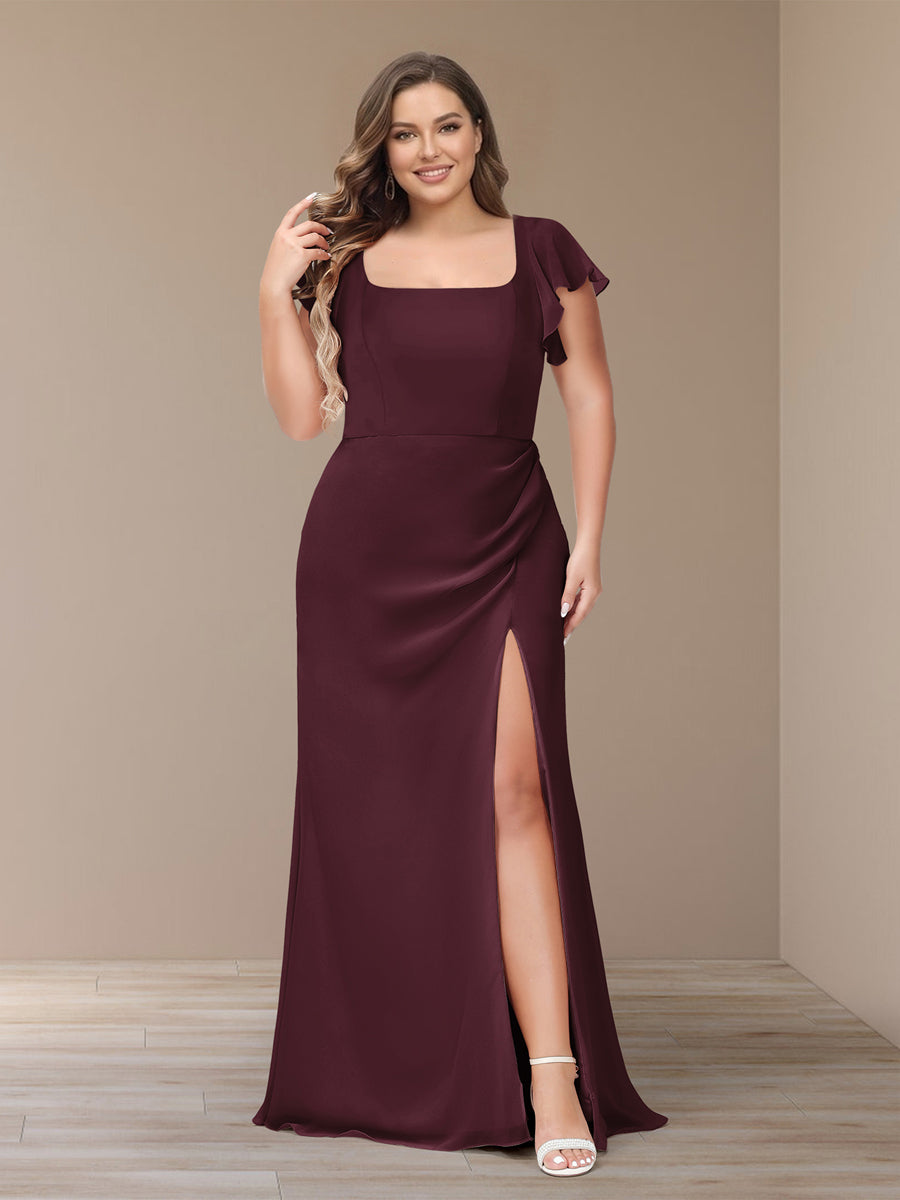 Sheath/Column Short Sleeves Chiffon Plus Size Bridesmaid Dresses with Split Side Burgundy