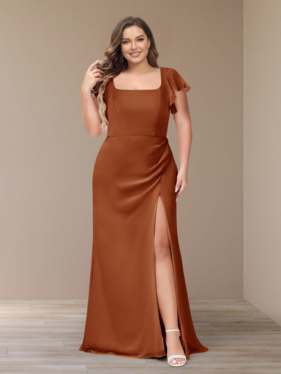 Sheath/Column Short Sleeves Chiffon Plus Size Bridesmaid Dresses with Split Side Burnt Orange