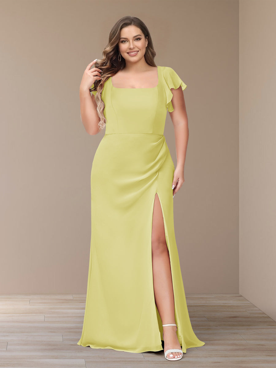 Sheath/Column Short Sleeves Chiffon Plus Size Bridesmaid Dresses with Split Side Canary