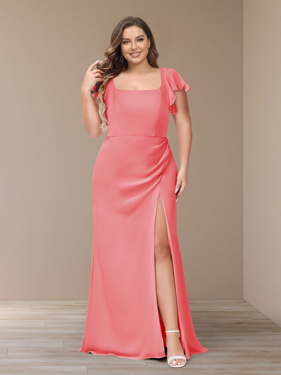 Sheath/Column Short Sleeves Chiffon Plus Size Bridesmaid Dresses with Split Side Coral