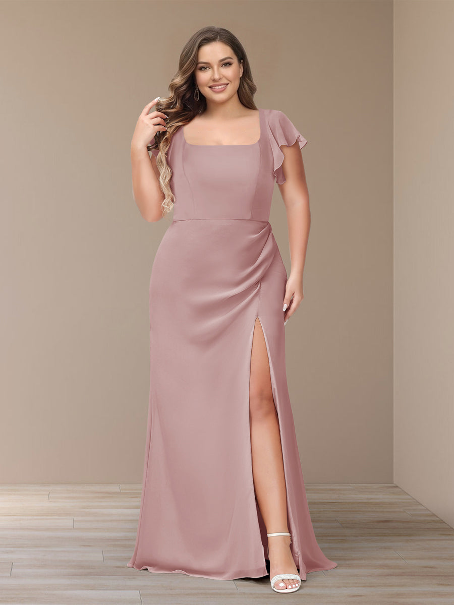 Sheath/Column Short Sleeves Chiffon Plus Size Bridesmaid Dresses with Split Side Dusty Pink