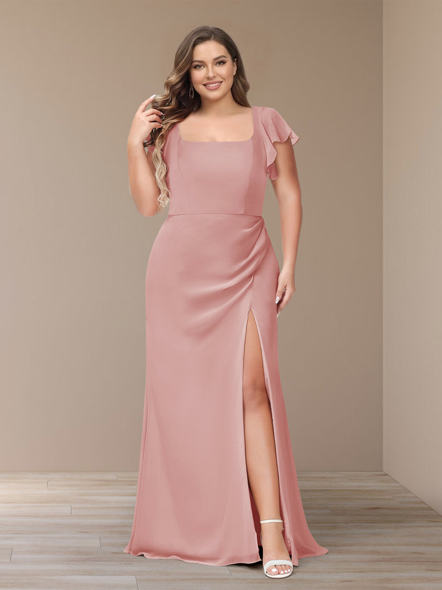 Sheath/Column Short Sleeves Chiffon Plus Size Bridesmaid Dresses with Split Side Dusty Rose