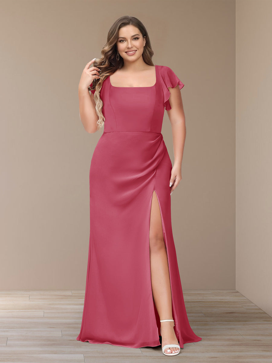 Sheath/Column Short Sleeves Chiffon Plus Size Bridesmaid Dresses with Split Side Fuchsia Pink