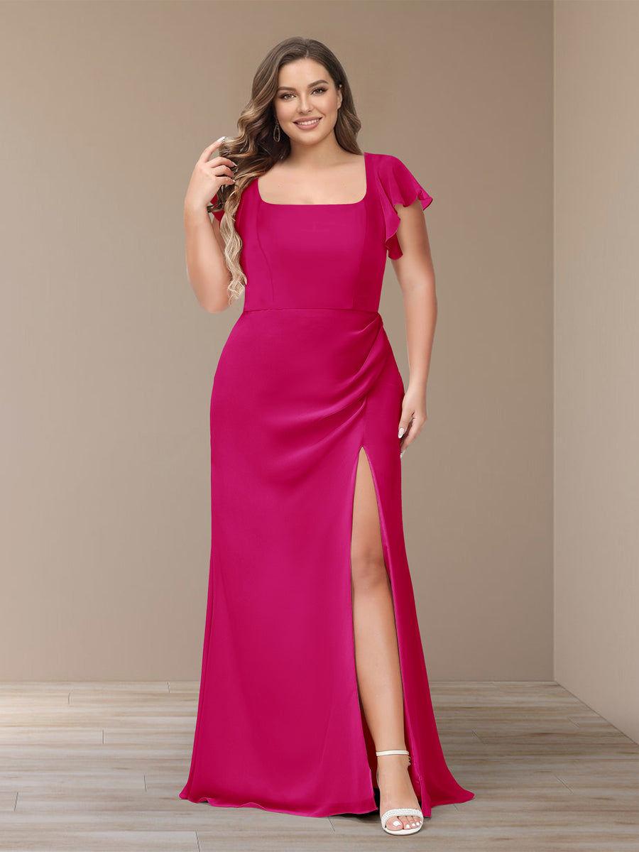 Sheath/Column Short Sleeves Chiffon Plus Size Bridesmaid Dresses with Split Side Fuchsia