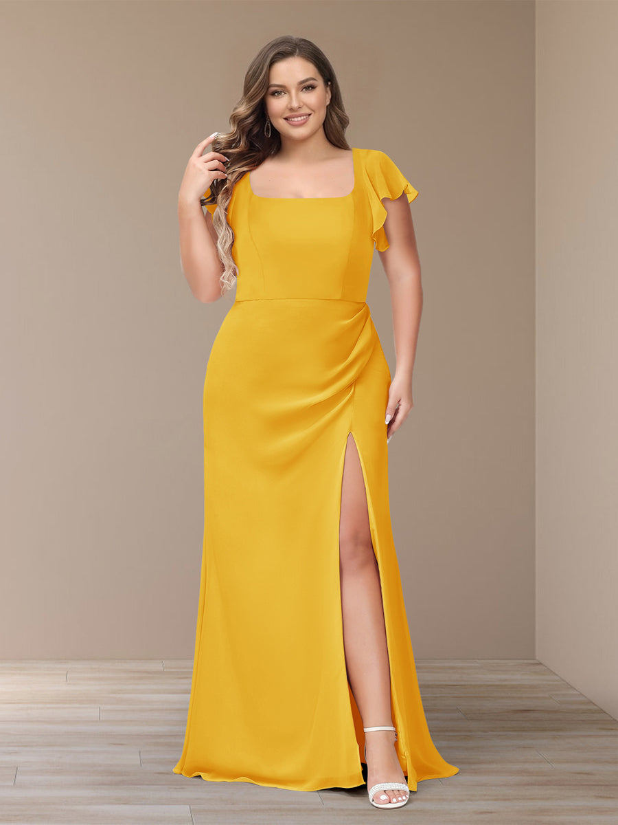 Sheath/Column Short Sleeves Chiffon Plus Size Bridesmaid Dresses with Split Side Gold