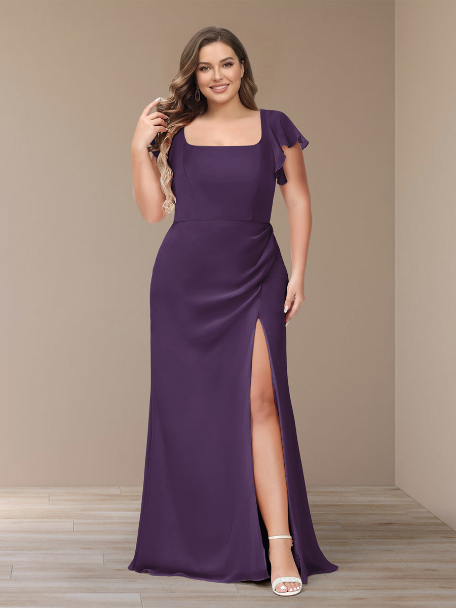 Sheath/Column Short Sleeves Chiffon Plus Size Bridesmaid Dresses with Split Side Grape