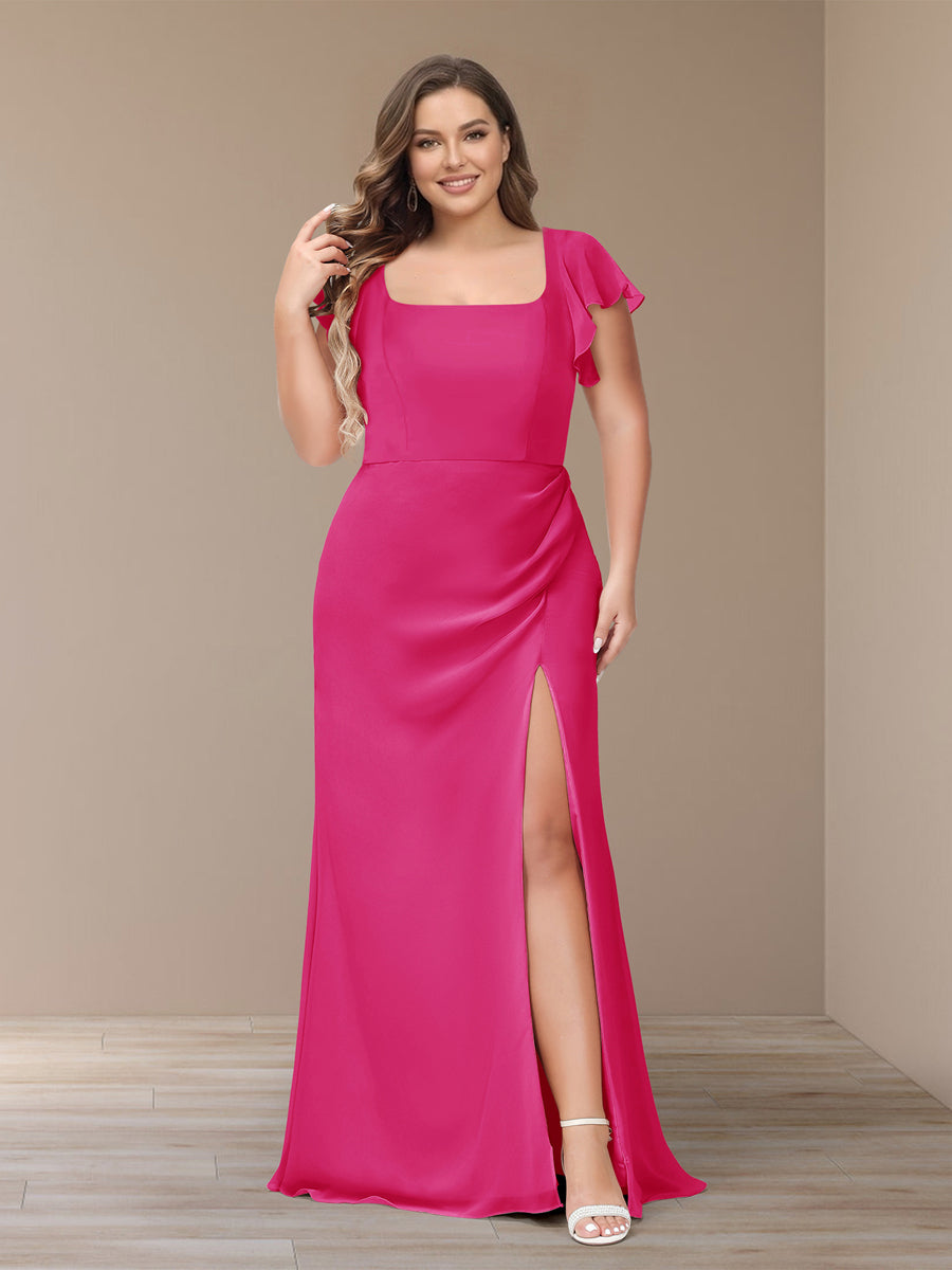 Sheath/Column Short Sleeves Chiffon Plus Size Bridesmaid Dresses with Split Side Hot Pink