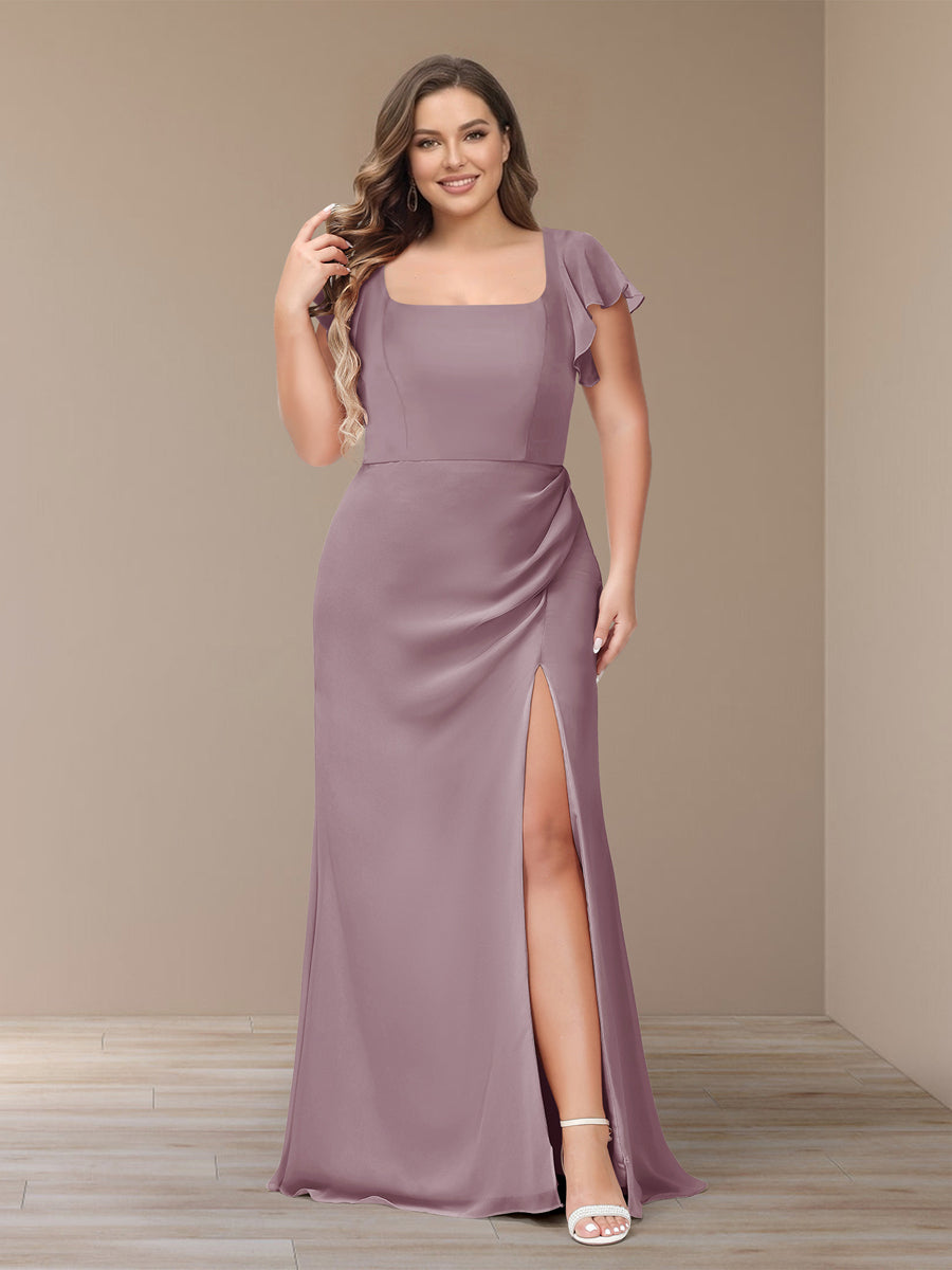 Sheath/Column Short Sleeves Chiffon Plus Size Bridesmaid Dresses with Split Side Mauve
