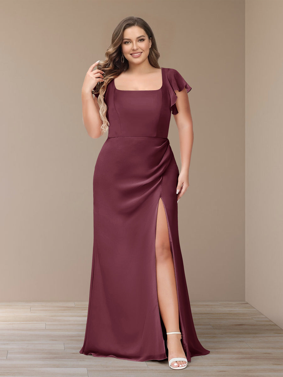 Sheath/Column Short Sleeves Chiffon Plus Size Bridesmaid Dresses with Split Side Mulberry