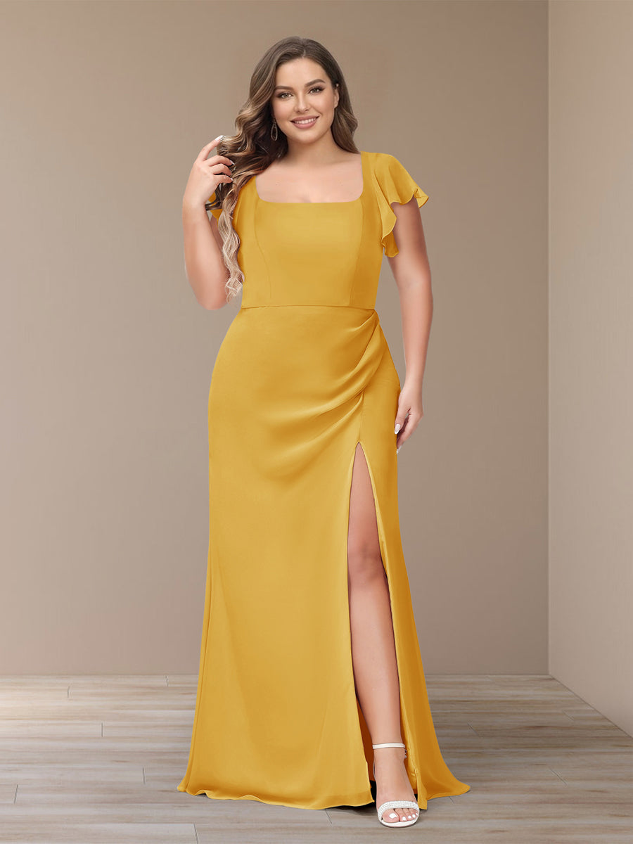 Sheath/Column Short Sleeves Chiffon Plus Size Bridesmaid Dresses with Split Side Mustard Yellow