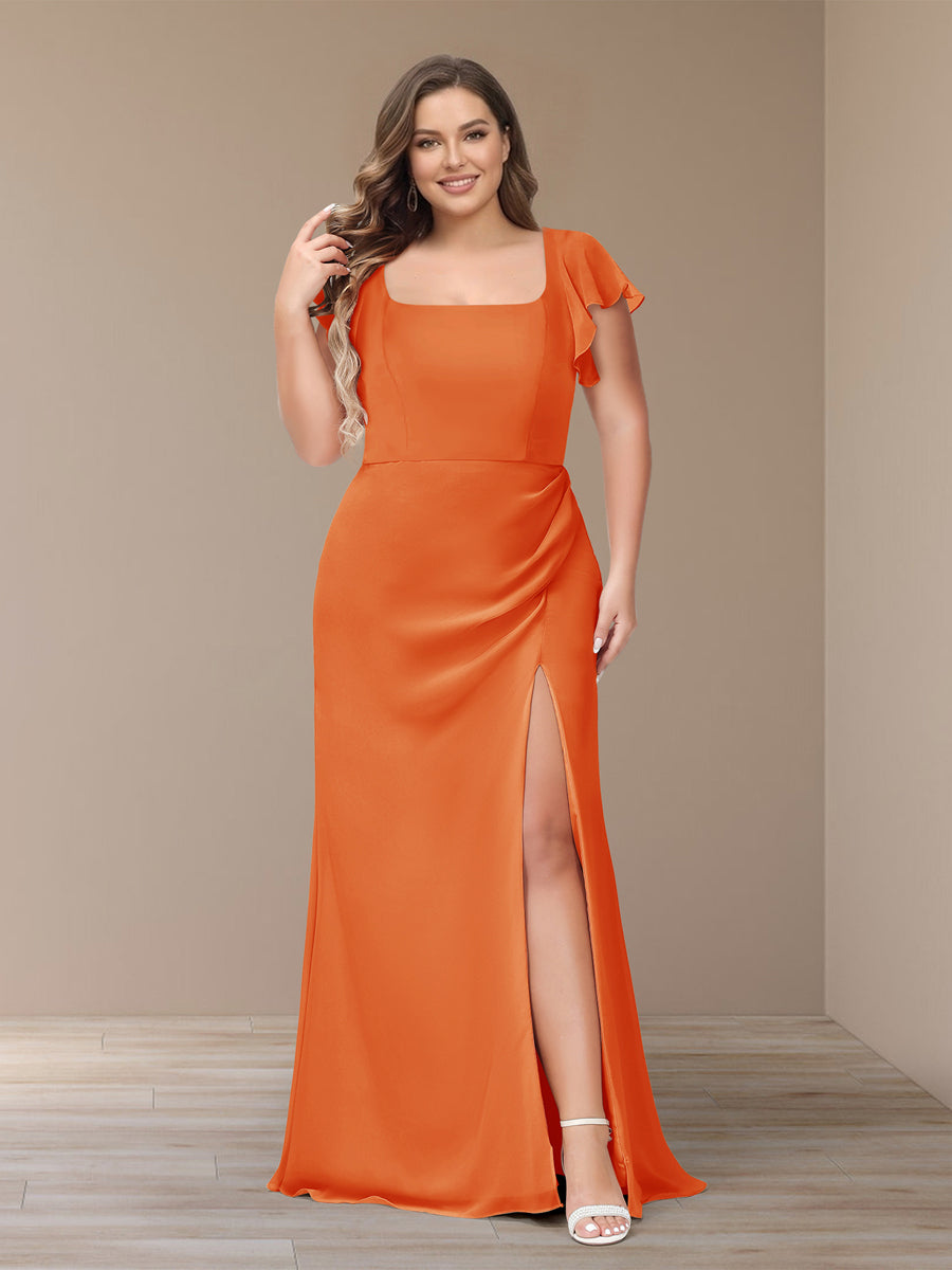 Sheath/Column Short Sleeves Chiffon Plus Size Bridesmaid Dresses with Split Side Orange