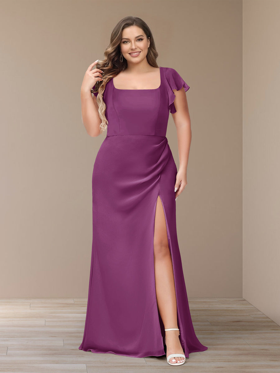 Sheath/Column Short Sleeves Chiffon Plus Size Bridesmaid Dresses with Split Side Orchid