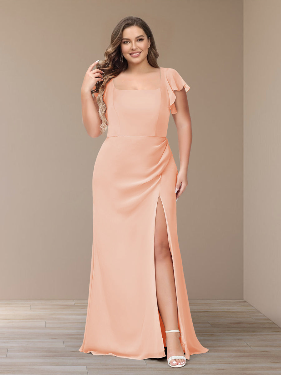 Sheath/Column Short Sleeves Chiffon Plus Size Bridesmaid Dresses with Split Side Peach Pink
