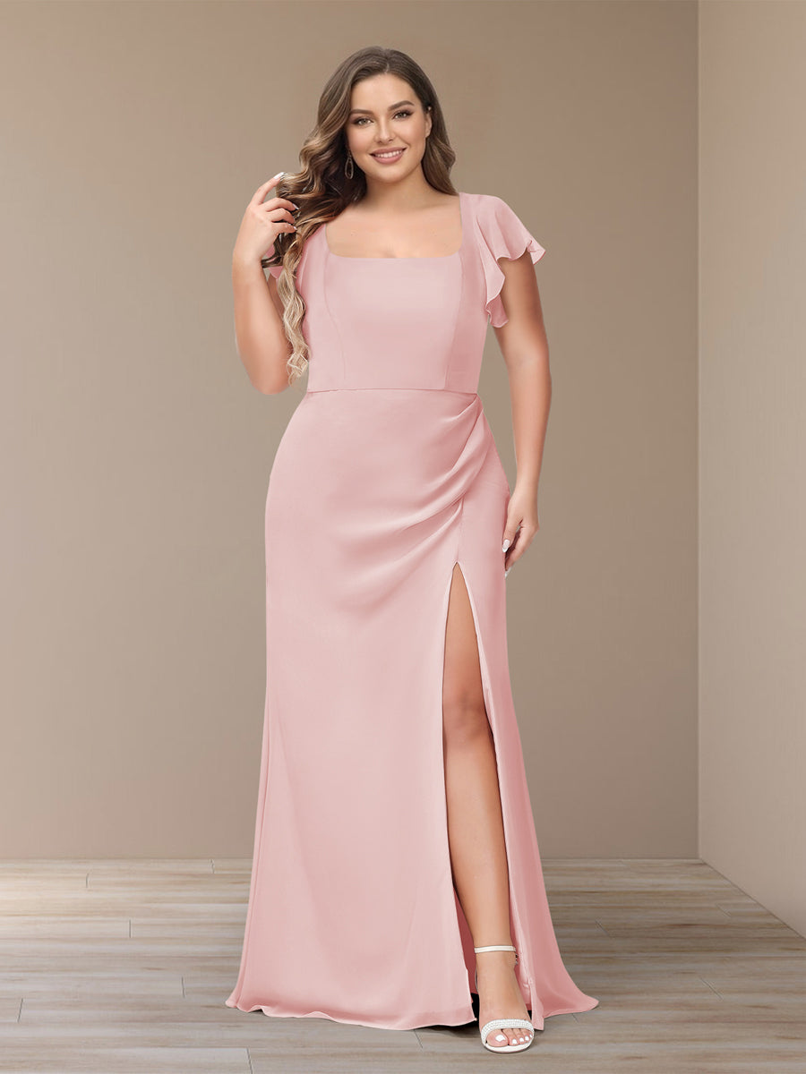 Sheath/Column Short Sleeves Chiffon Plus Size Bridesmaid Dresses with Split Side Pearl Pink