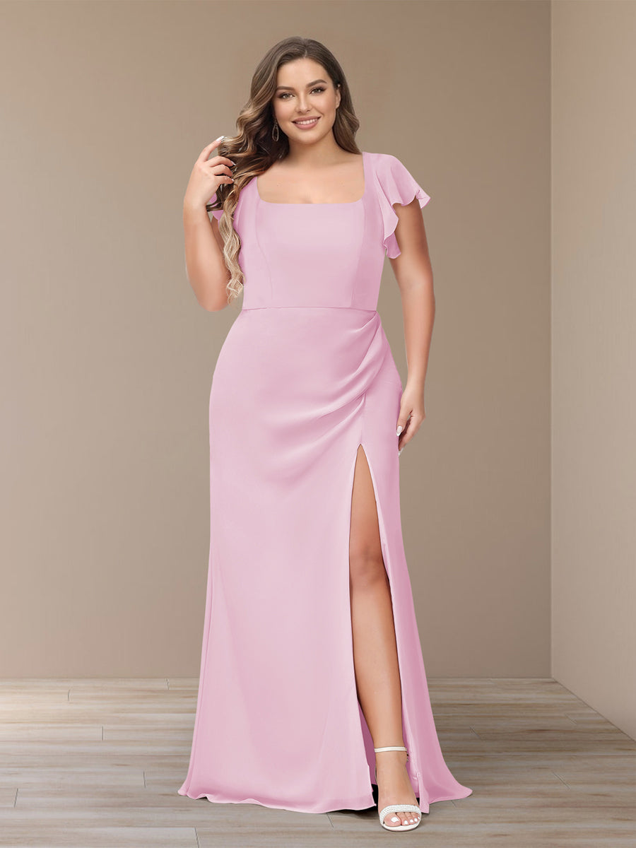 Sheath/Column Short Sleeves Chiffon Plus Size Bridesmaid Dresses with Split Side Pink