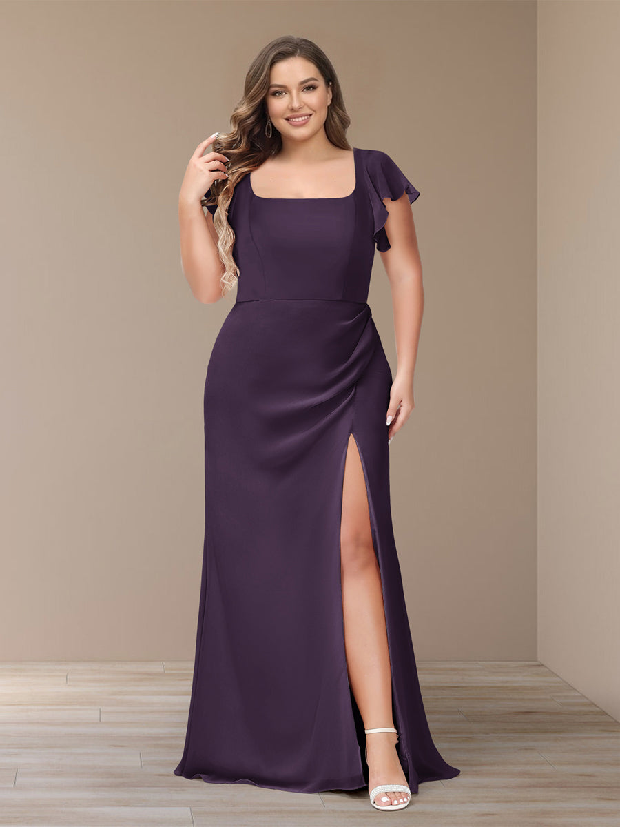 Sheath/Column Short Sleeves Chiffon Plus Size Bridesmaid Dresses with Split Side Plum