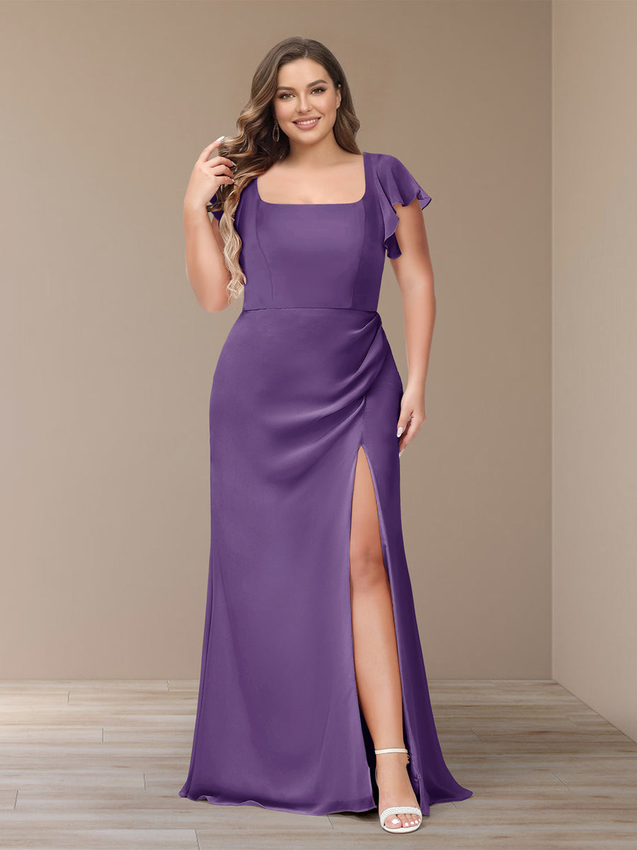 Sheath/Column Short Sleeves Chiffon Plus Size Bridesmaid Dresses with Split Side Purple
