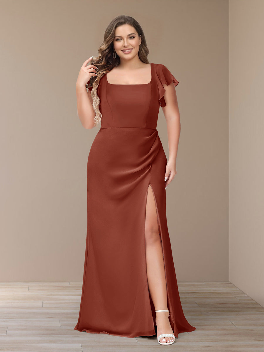 Sheath/Column Short Sleeves Chiffon Plus Size Bridesmaid Dresses with Split Side Rust