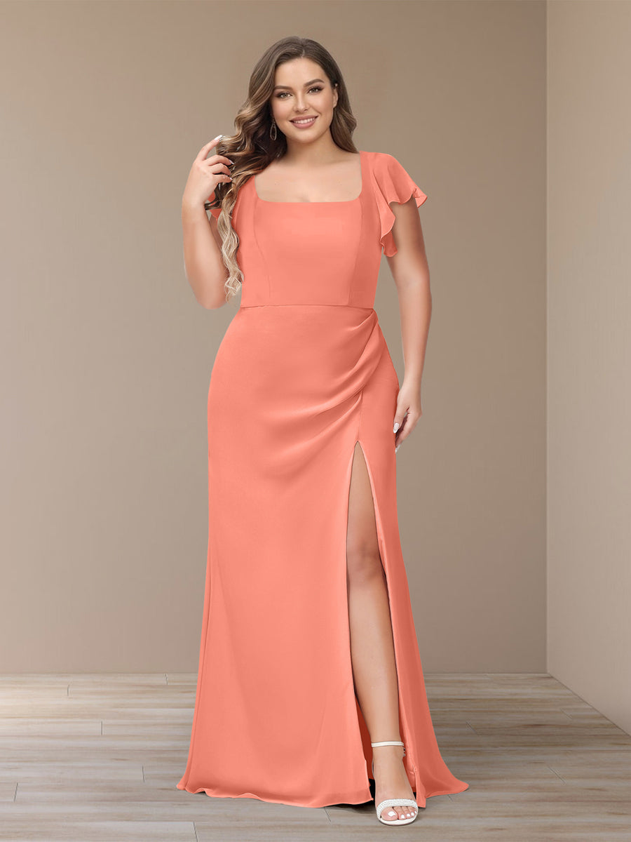 Sheath/Column Short Sleeves Chiffon Plus Size Bridesmaid Dresses with Split Side Salmon
