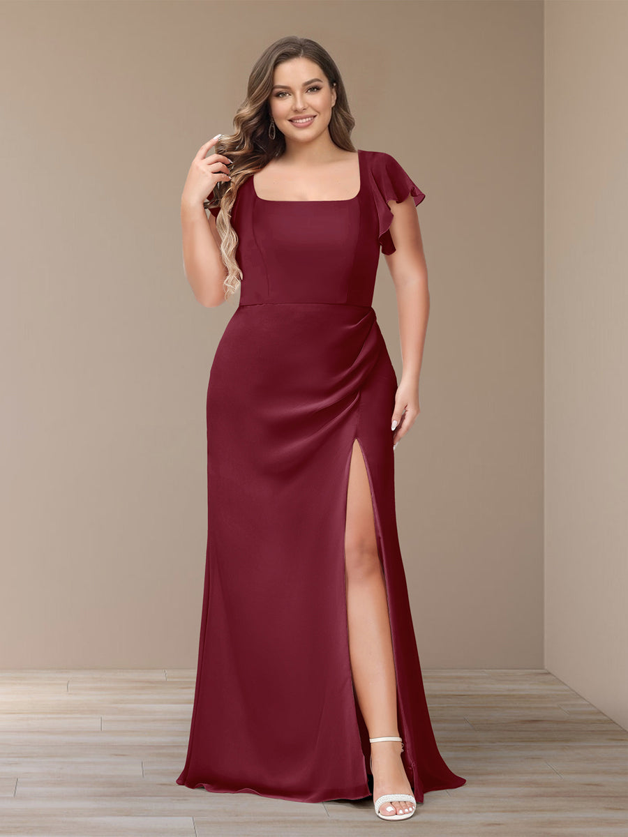 Sheath/Column Short Sleeves Chiffon Plus Size Bridesmaid Dresses with Split Side Wine Red