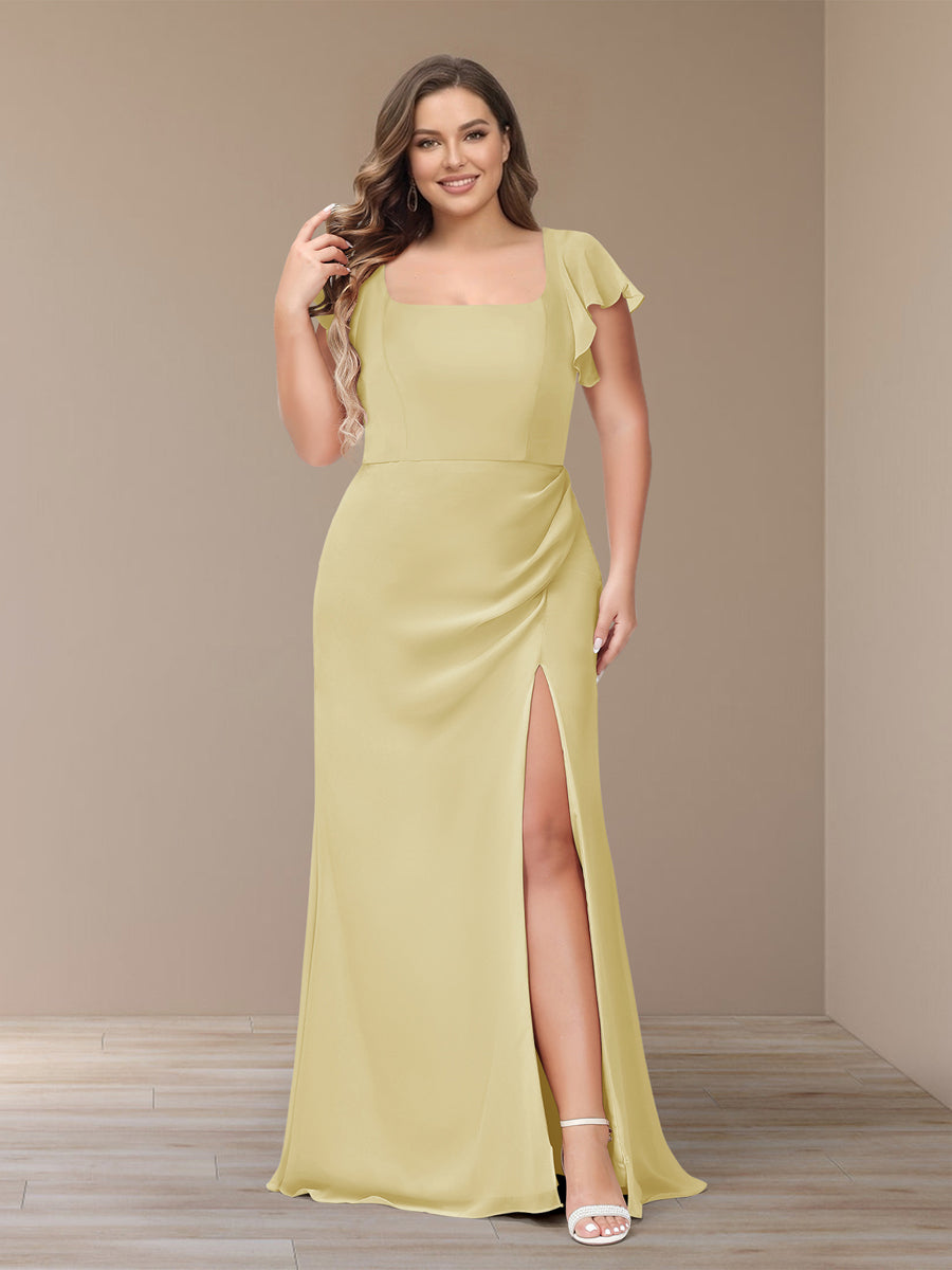 Sheath/Column Short Sleeves Chiffon Plus Size Bridesmaid Dresses with Split Side Yellow