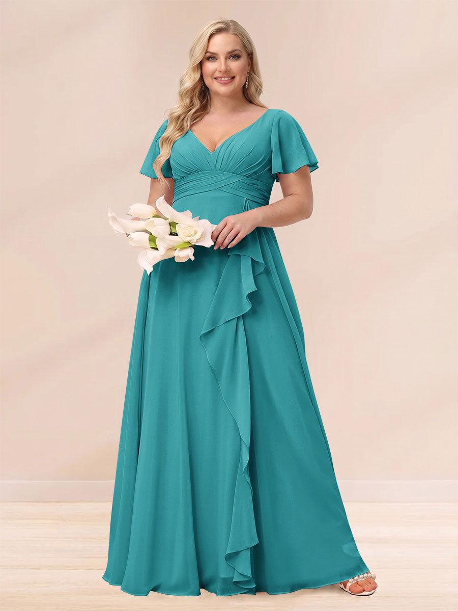 A-Line/Princess V-Neck Long Plus size Bridesmaid Dresses with Ruffles Aqua Blue