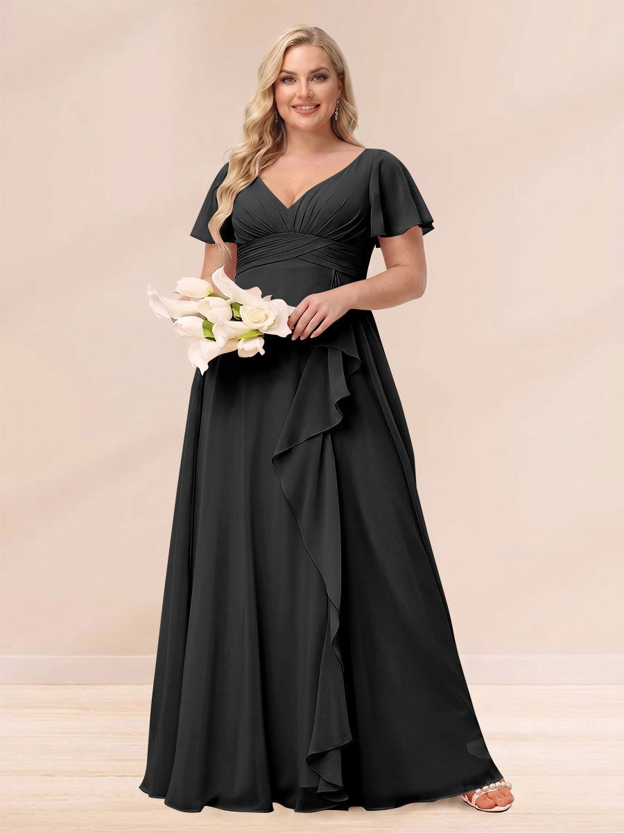 A-Line/Princess V-Neck Long Plus size Bridesmaid Dresses with Ruffles Black
