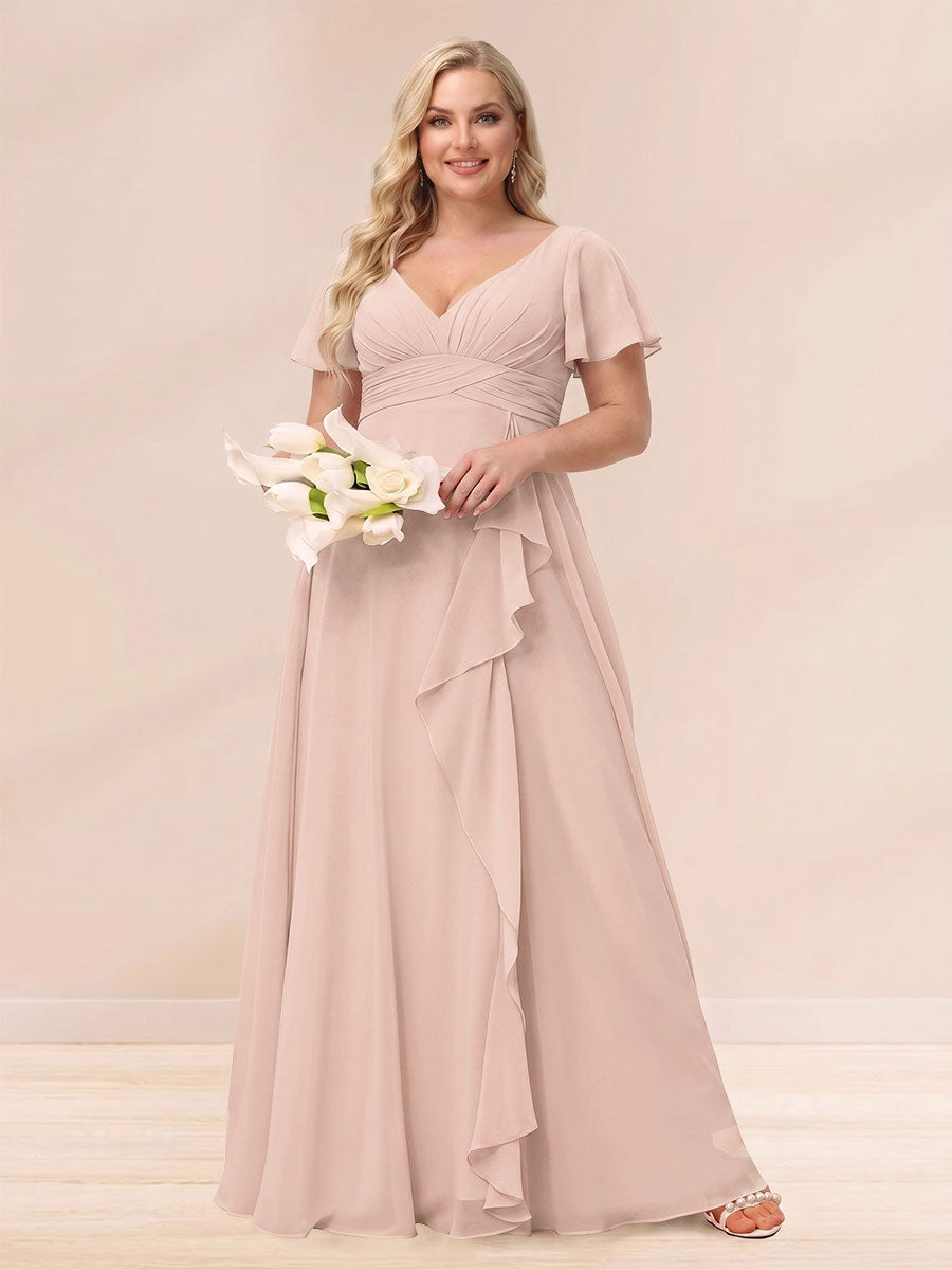 A-Line/Princess V-Neck Long Plus size Bridesmaid Dresses with Ruffles Blush Pink