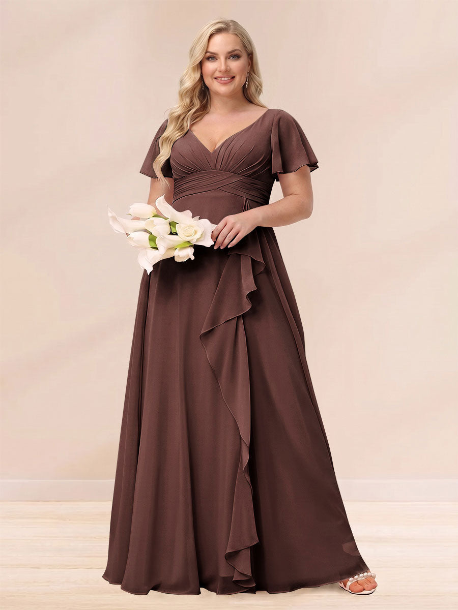 A-Line/Princess V-Neck Long Plus size Bridesmaid Dresses with Ruffles Brown