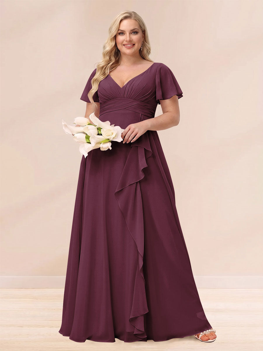 A-Line/Princess V-Neck Long Plus size Bridesmaid Dresses with Ruffles Burgundy