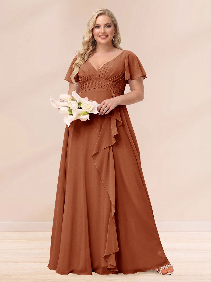 A-Line/Princess V-Neck Long Plus size Bridesmaid Dresses with Ruffles Burnt Orange