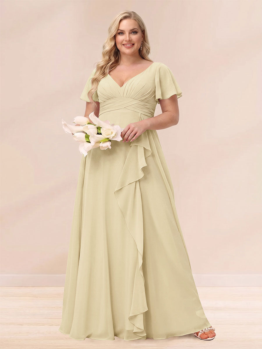 A-Line/Princess V-Neck Long Plus size Bridesmaid Dresses with Ruffles Champagne