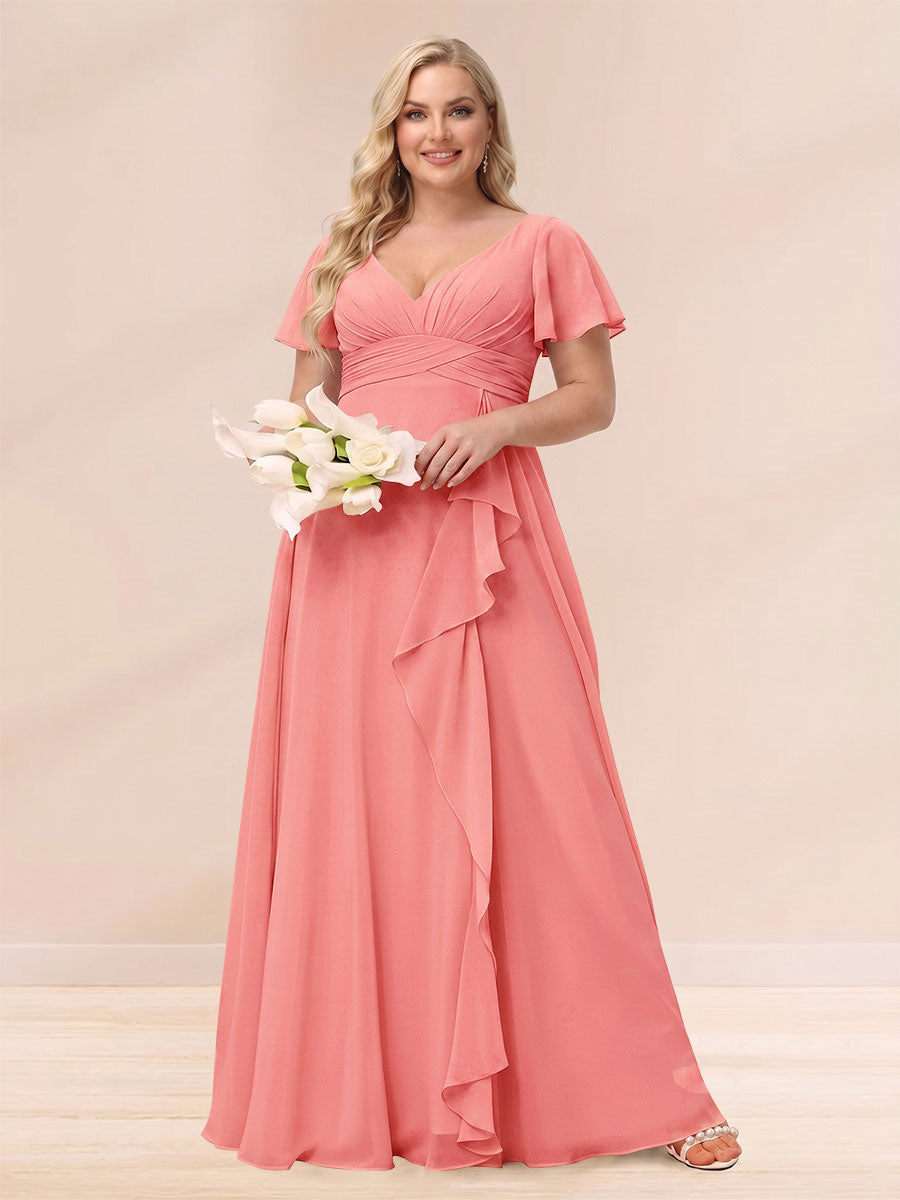 A-Line/Princess V-Neck Long Plus size Bridesmaid Dresses with Ruffles Coral