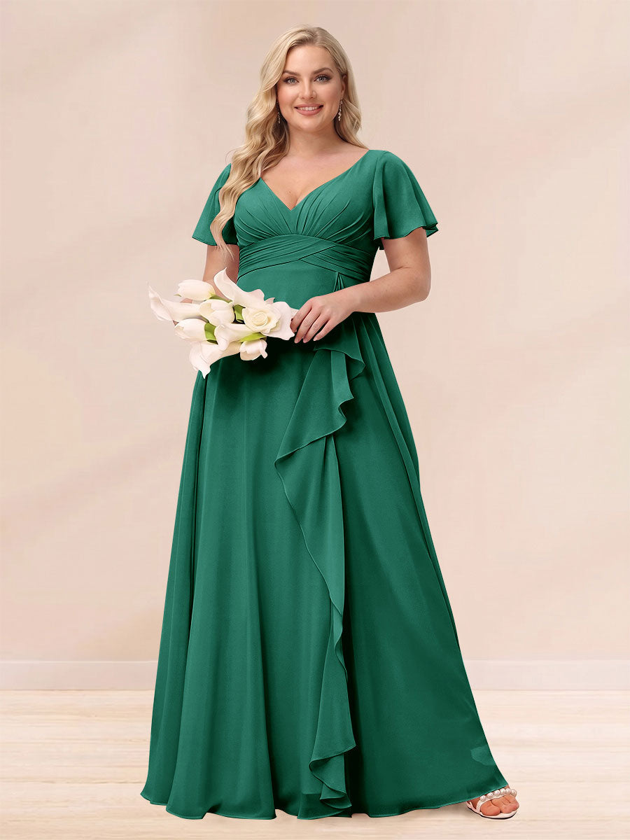 A-Line/Princess V-Neck Long Plus size Bridesmaid Dresses with Ruffles Dark Green